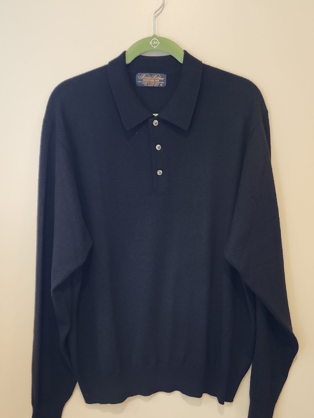 Brooks Brothers Sweater 100% Italian Extra Fine Merino Wool 3 Button Collar XL